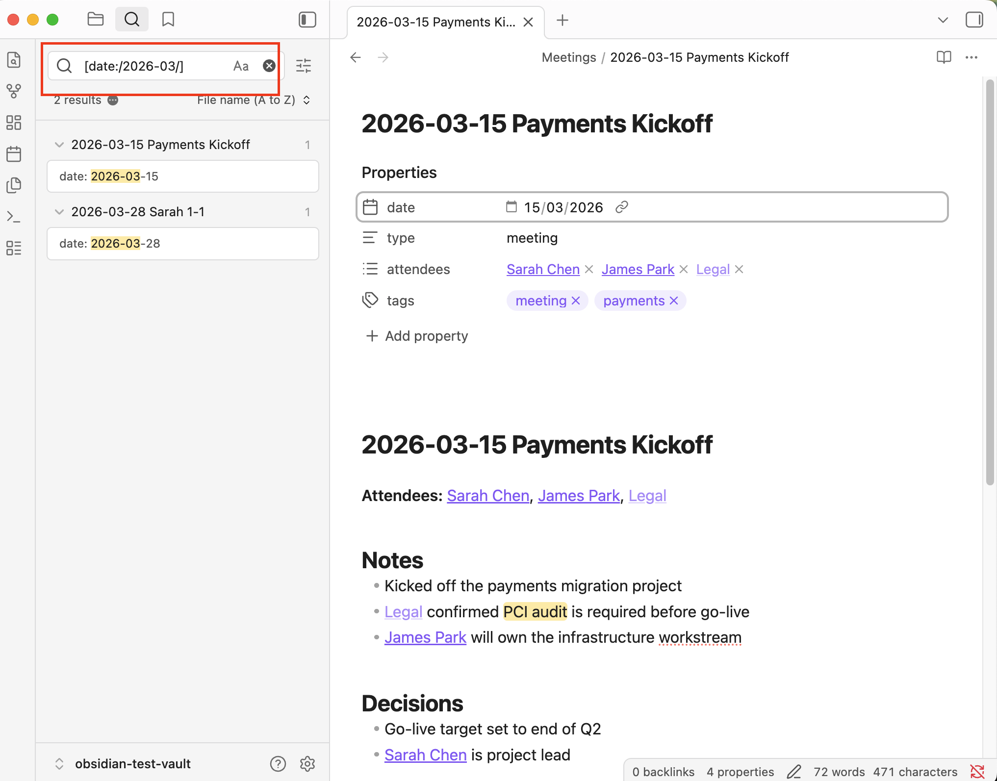Obsidian search filtering notes by date property